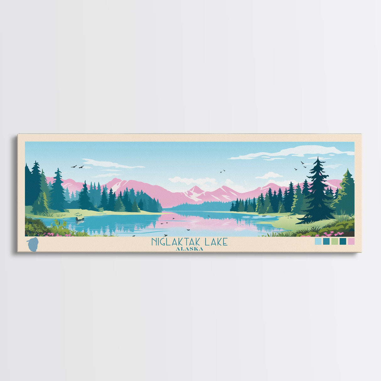 Niglaktak Lake, Alaska Framed Canvas Print, Panoramic Wall Art, Midcentury Modern, Pop Art, Home Decor, Travel Poster, Bedroom Art