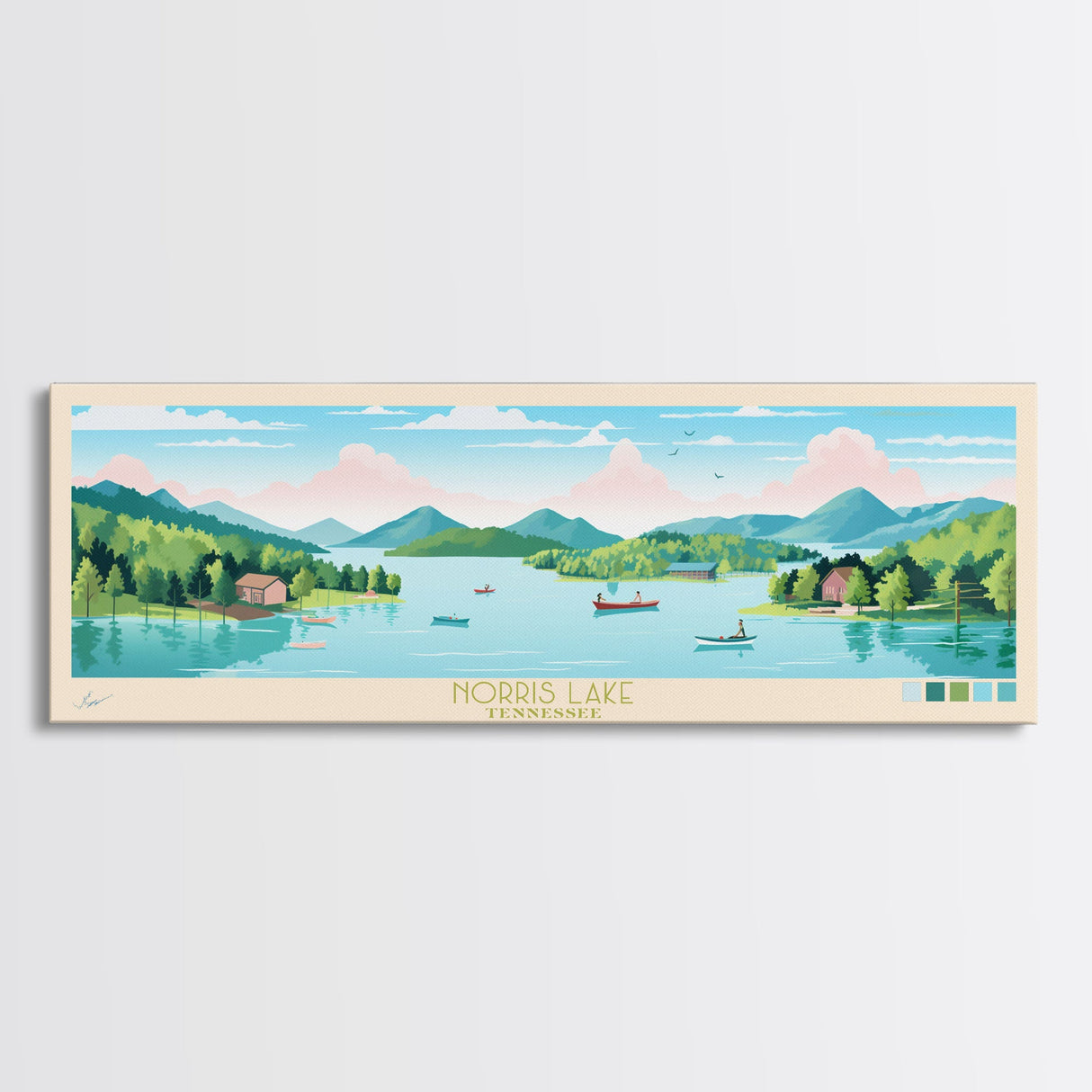 Norris Lake, Tennessee Framed Canvas Print, Panoramic Wall Art, Midcentury Modern, Pop Art, Home Decor, Travel Poster, Living Room Art