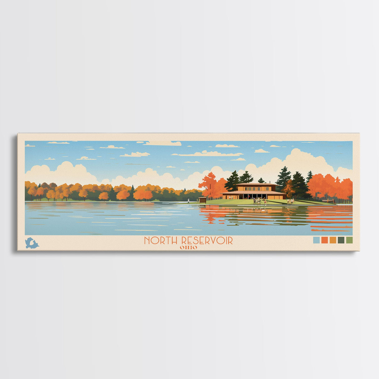 North Reservoir, Ohio Framed Canvas Print, Panoramic Wall Art, Midcentury Modern, Pop Art, Home Decor, Travel Poster, Living Room Art