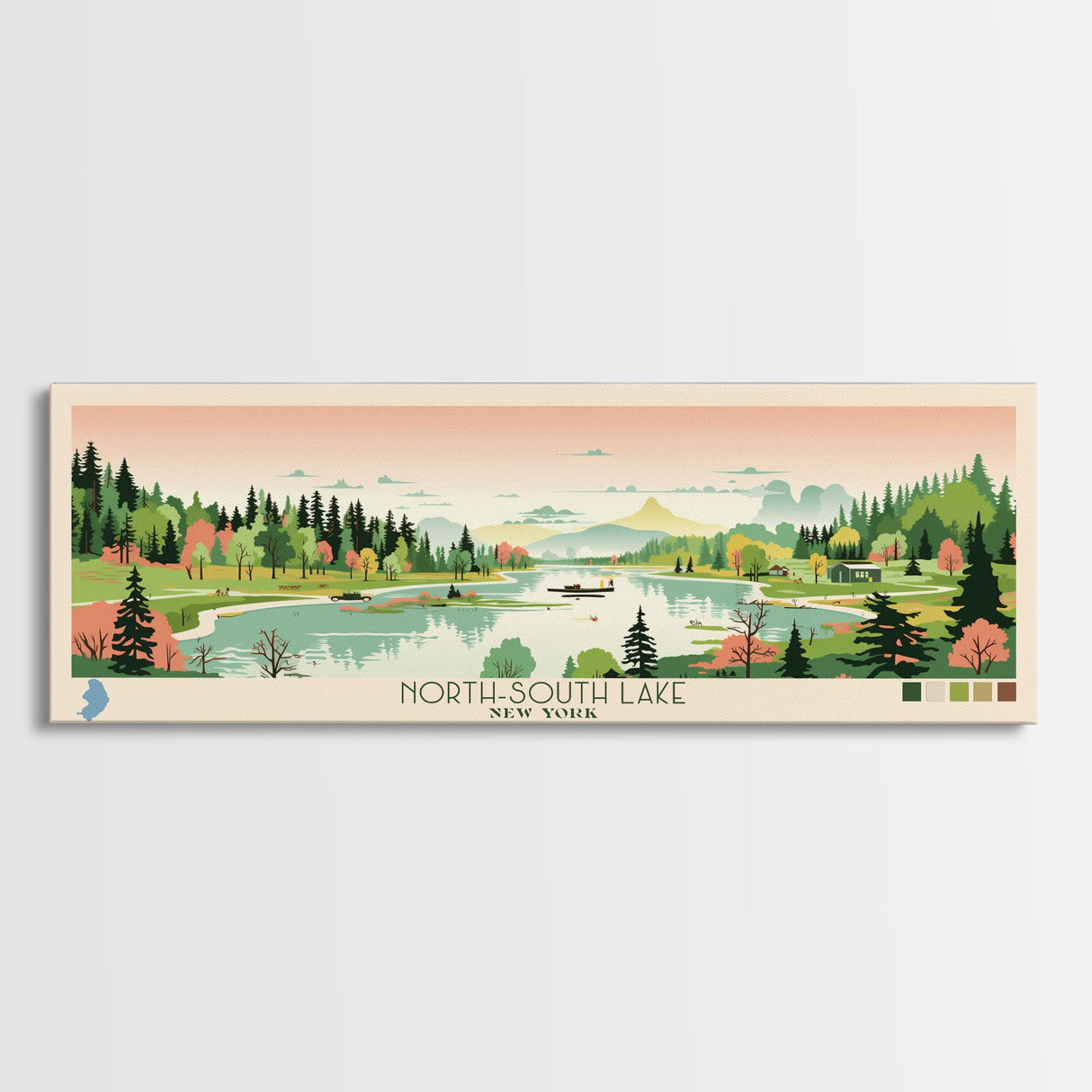 North Trout Lake, Wisconsin Framed Canvas Print, Panoramic Wall Art, Midcentury Modern, Pop Art, Home Decor, Travel Poster, Living Room Art