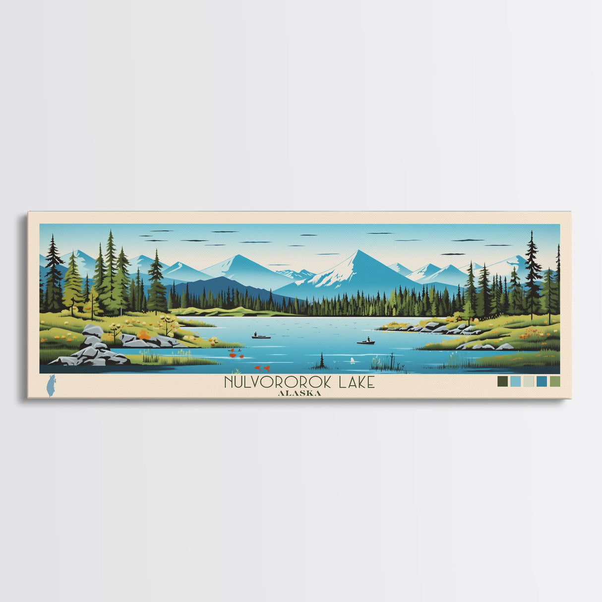 Nulvororok Lake, Alaska Framed Canvas Print, Panoramic Wall Art, Midcentury Modern, Pop Art, Home Decor, Travel Poster, Living Room Art