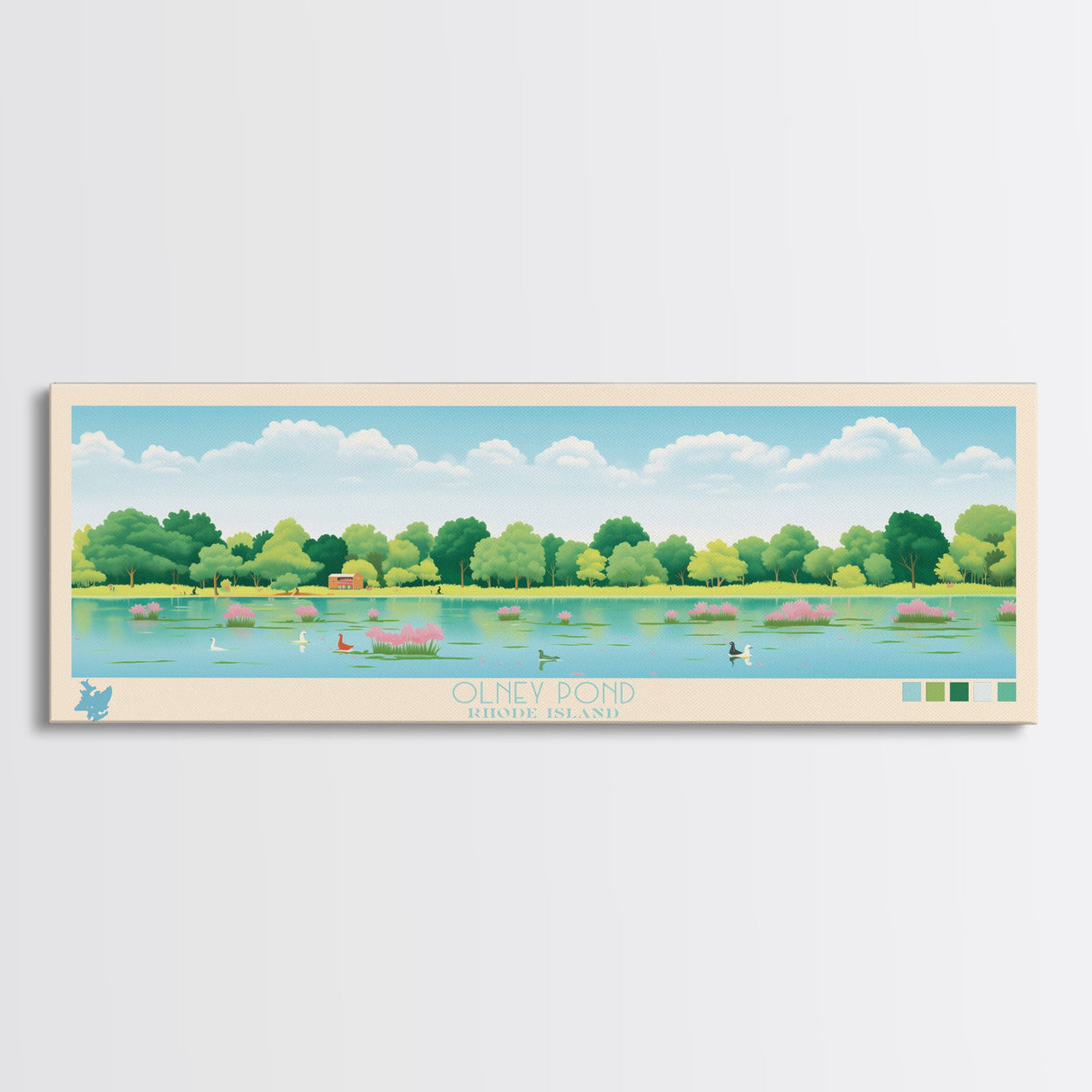 Olney Pond, Rhode Island Framed Canvas Print, Panoramic Wall Art, Midcentury Modern, Pop Art, Home Decor, Travel Poster, Living Room Art