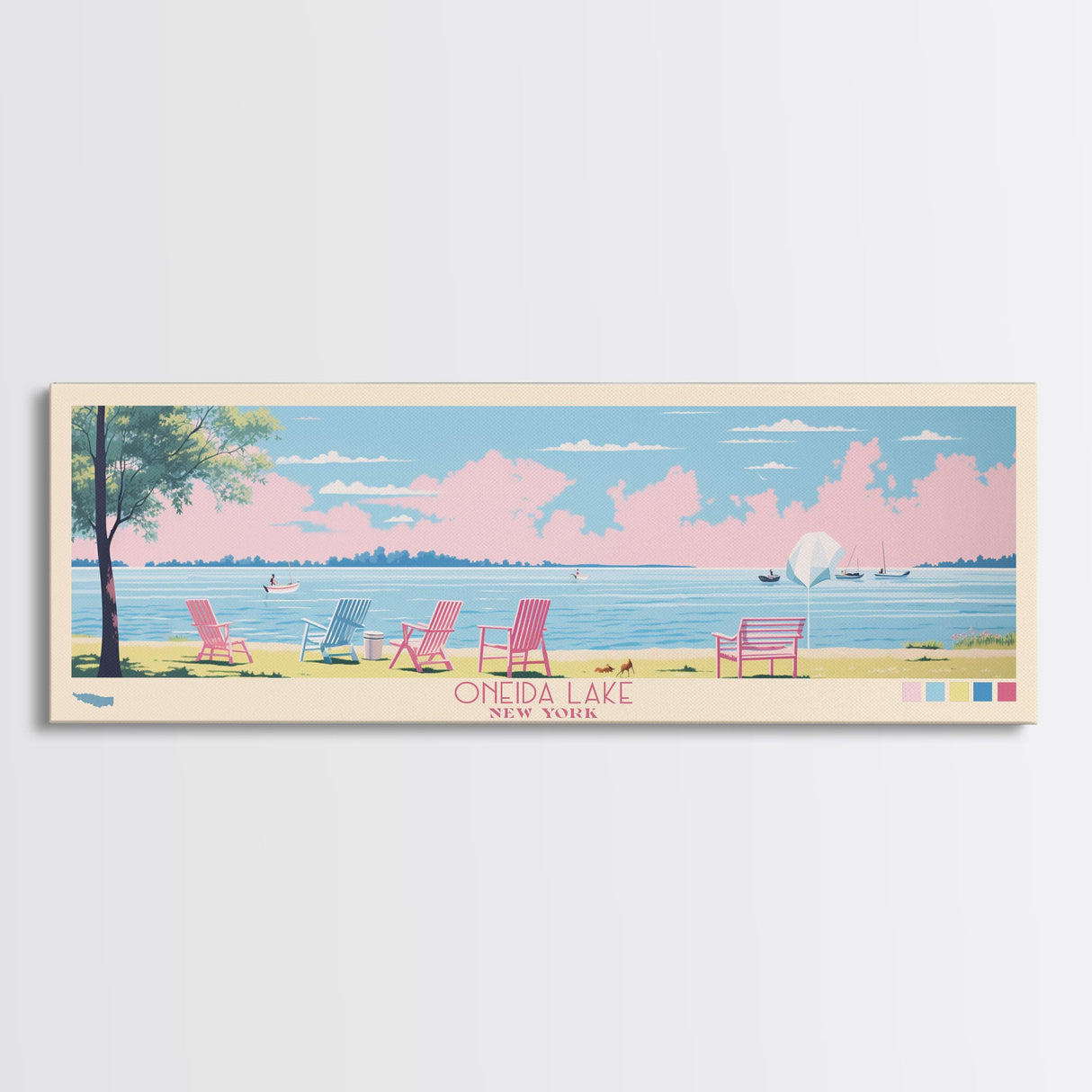 Oneida Lake, New York Framed Canvas Print, Panoramic Wall Art, Midcentury Modern, Pop Art, Home Decor, Travel Poster, Bedroom Art