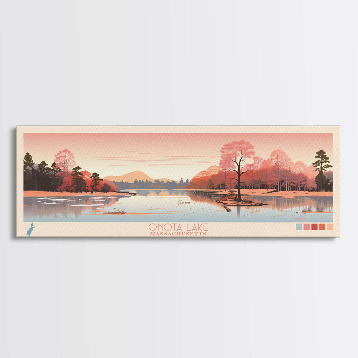 Onota Lake, Massachusetts Framed Canvas Print, Panoramic Wall Art, Midcentury Modern, Pop Art, Home Decor, Travel Poster, Living Room Art