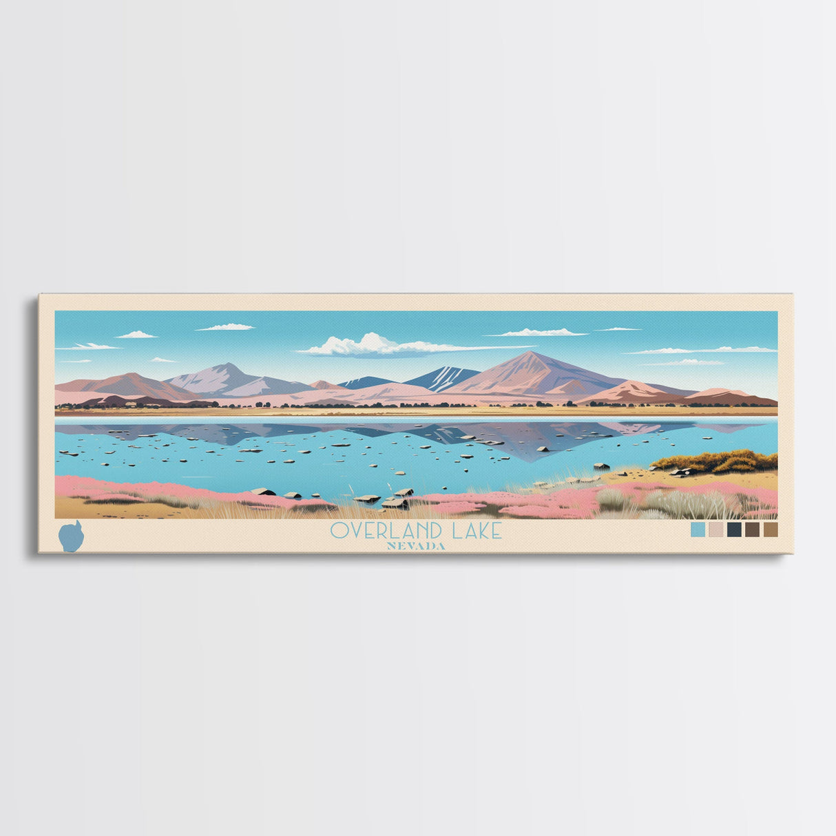 Overland Lake, Nevada Framed Canvas Print, Panoramic Wall Art, Midcentury Modern, Pop Art, Home Decor, Travel Poster, Bedroom Art