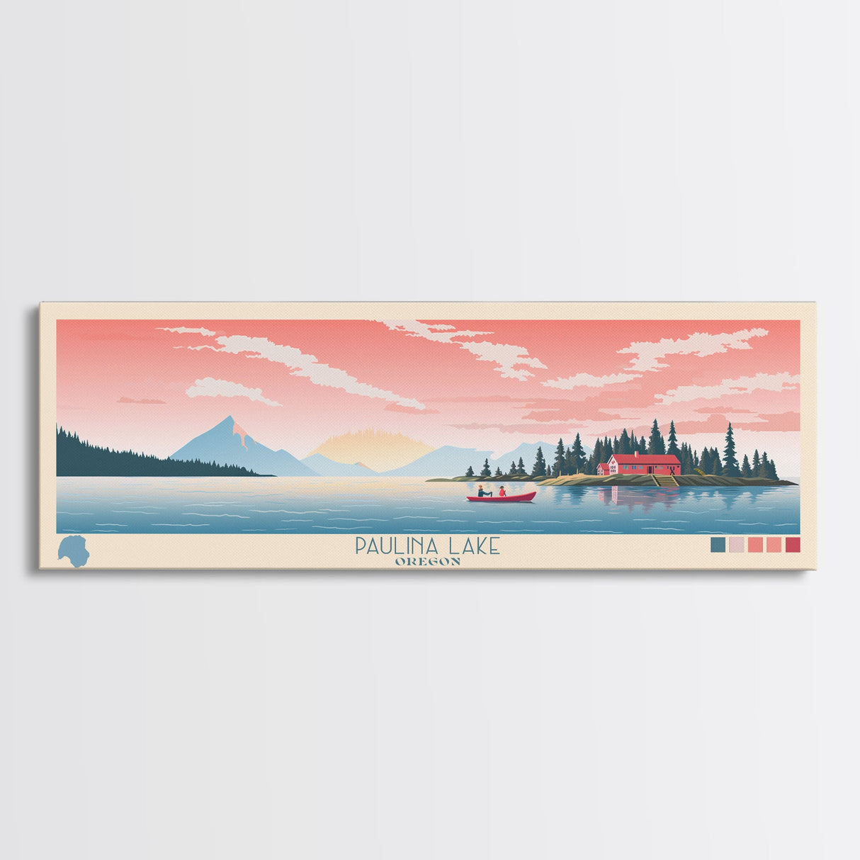 Paulina Lake, Oregon Framed Canvas Print, Panoramic Wall Art, Midcentury Modern, Pop Art, Home Decor, Travel Poster, Living Room Art