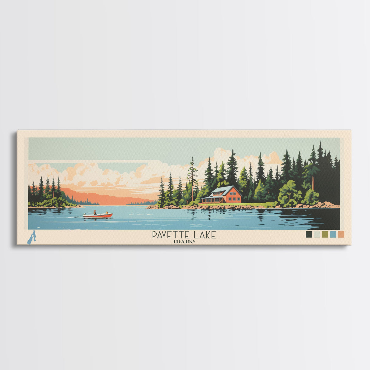 Payette Lake, Idaho Framed Canvas Print, Panoramic Wall Art, Midcentury Modern, Pop Art, Home Decor, Travel Poster, Living Room Art