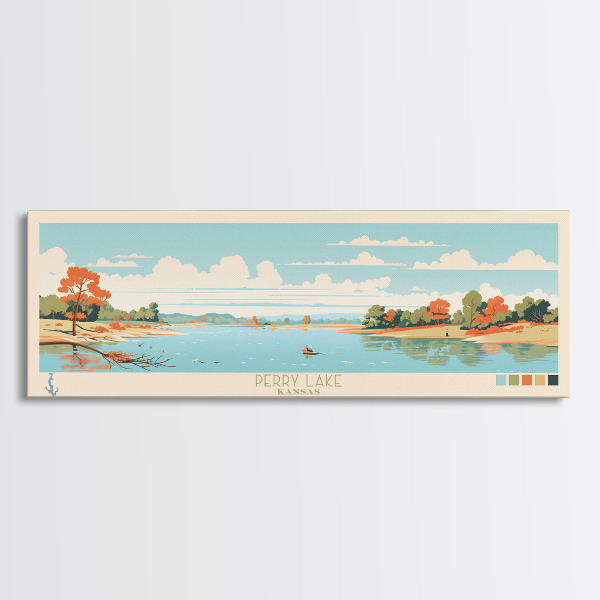 Perry Lake, Kansas Framed Canvas Print, Panoramic Wall Art, Midcentury Modern, Pop Art, Home Decor, Travel Poster, Living Room Art