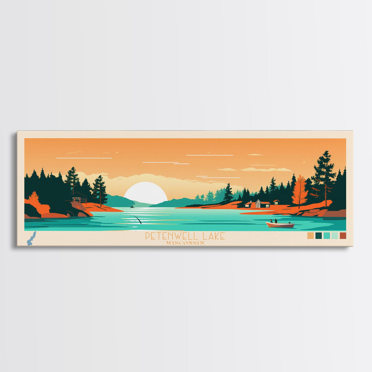 Petenwell Lake, Wisconsin Framed Canvas Print, Panoramic Wall Art, Midcentury Modern, Pop Art, Home Decor, Travel Poster, Bedroom Art