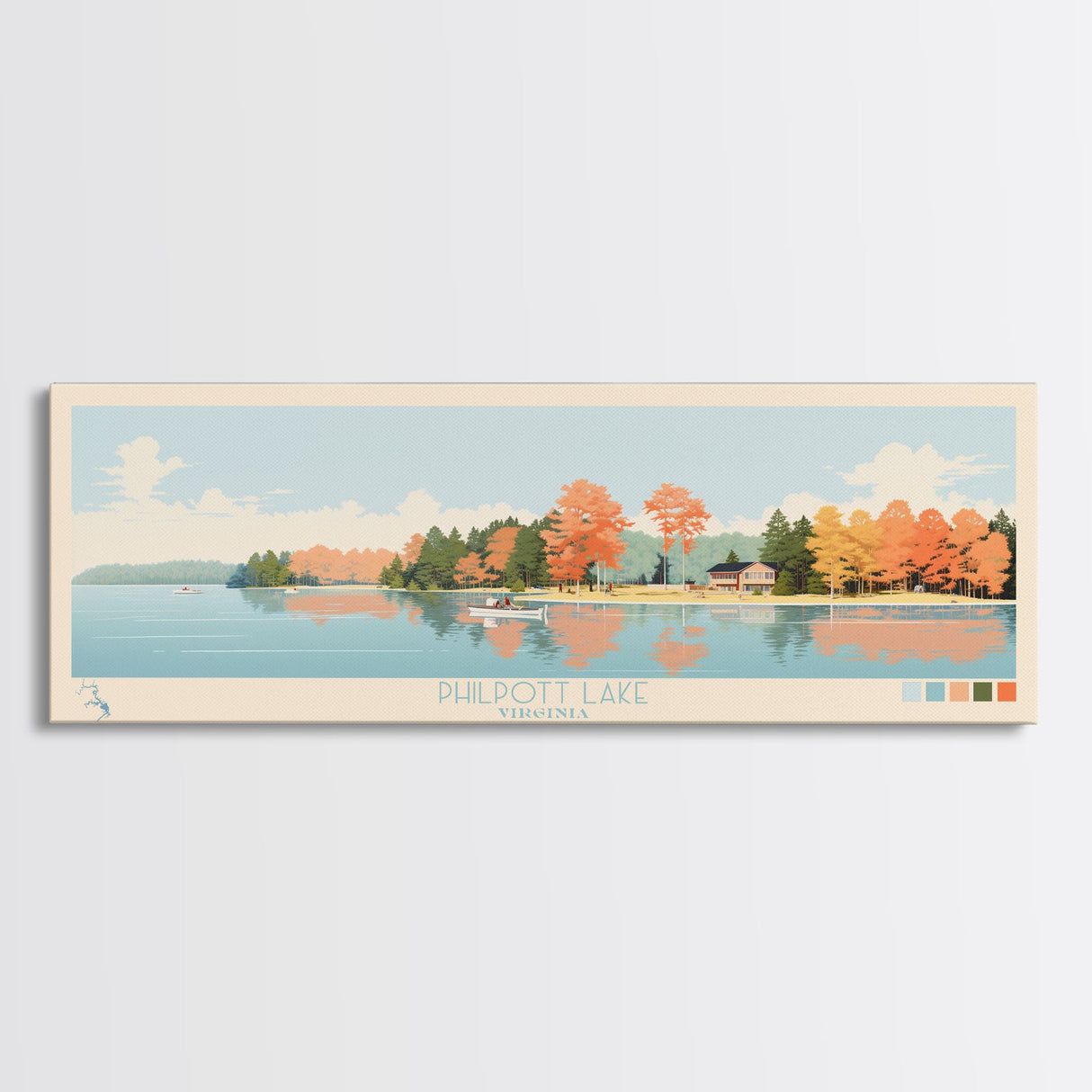 Philpott Lake, Virginia Framed Canvas Print, Panoramic Wall Art, Midcentury Modern, Pop Art, Home Decor, Travel Poster, Living Room Art