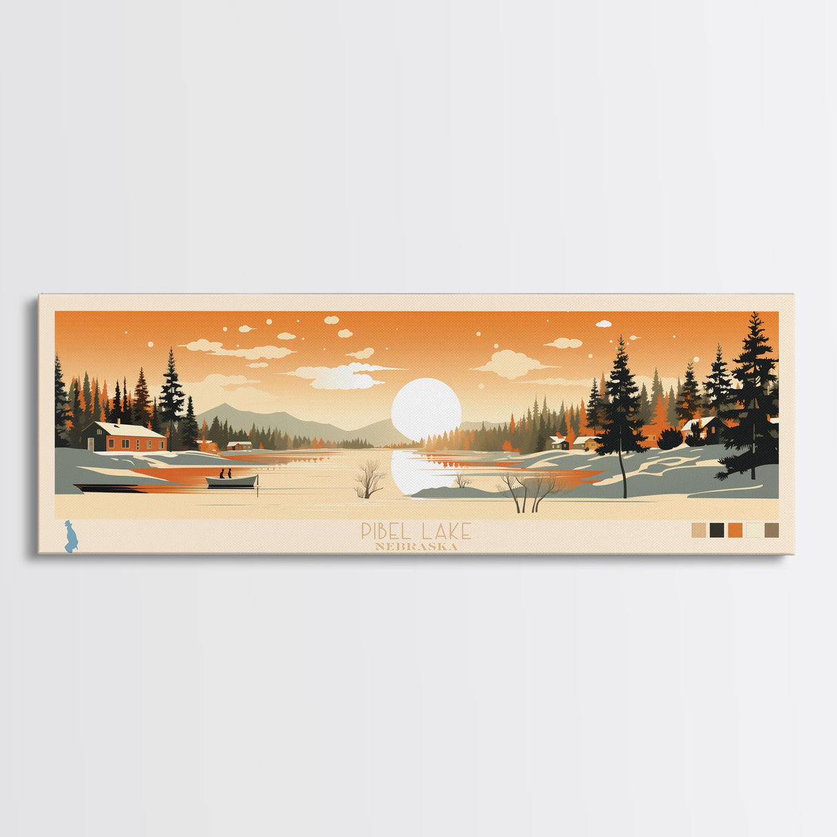 Pibel Lake, Nebraska Framed Canvas Print, Panoramic Wall Art, Midcentury Modern, Pop Art, Home Decor, Travel Poster, Bedroom Art