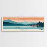 Priest Lake, Idaho Framed Canvas Print, Bedroom Art, Midcentury Modern, Pop Art, Panoramic Wall Art, Travel Poster