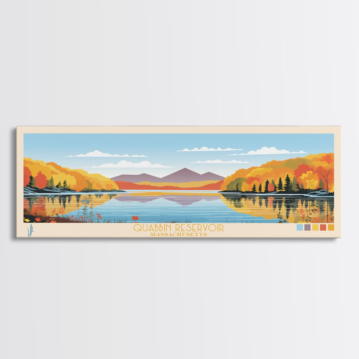 Quabbin Reservoir, Massachusetts Framed Canvas Print, Bedroom Art, Midcentury Modern, Panoramic Travel Poster, Pop Art, Wall Decor