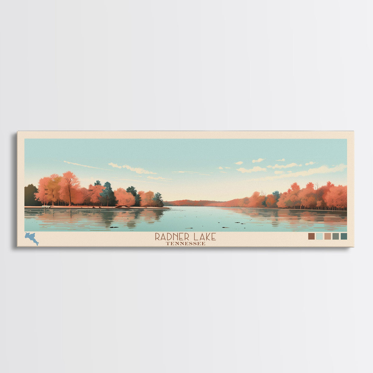 Radner Lake, Tennessee Framed Canvas Print, Living Room Art, Midcentury Modern, Panoramic Travel Poster, Pop Art, Wall Art