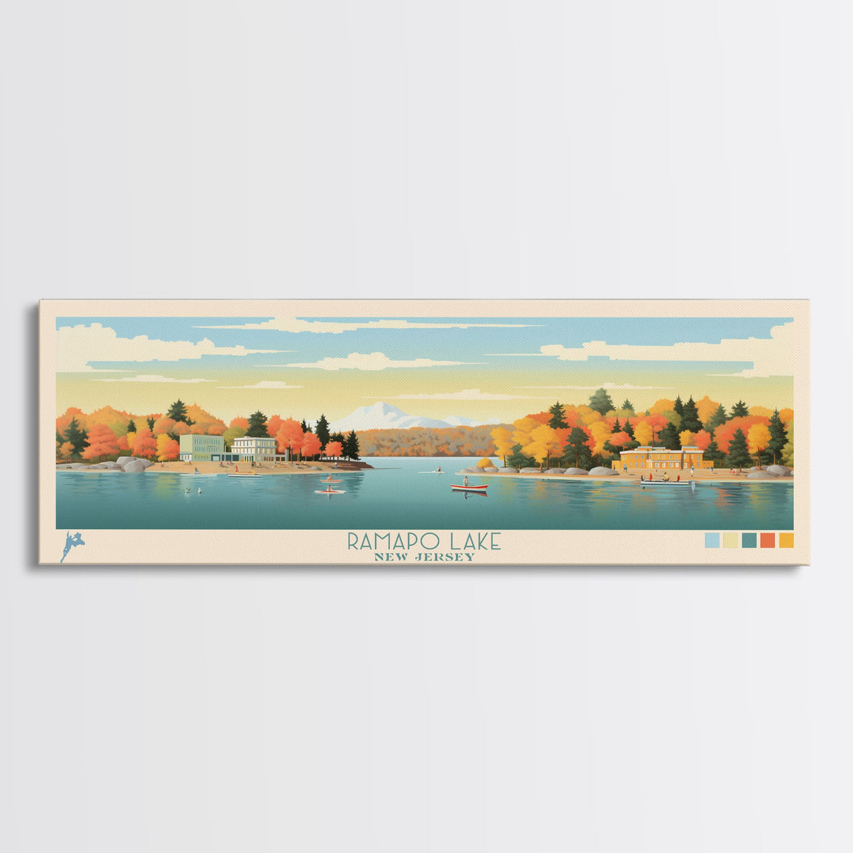 Ramapo Lake, New Jersey Framed Canvas Print, Home Decor, Midcentury Modern, Panoramic Travel Poster, Pop Art, Wall Art