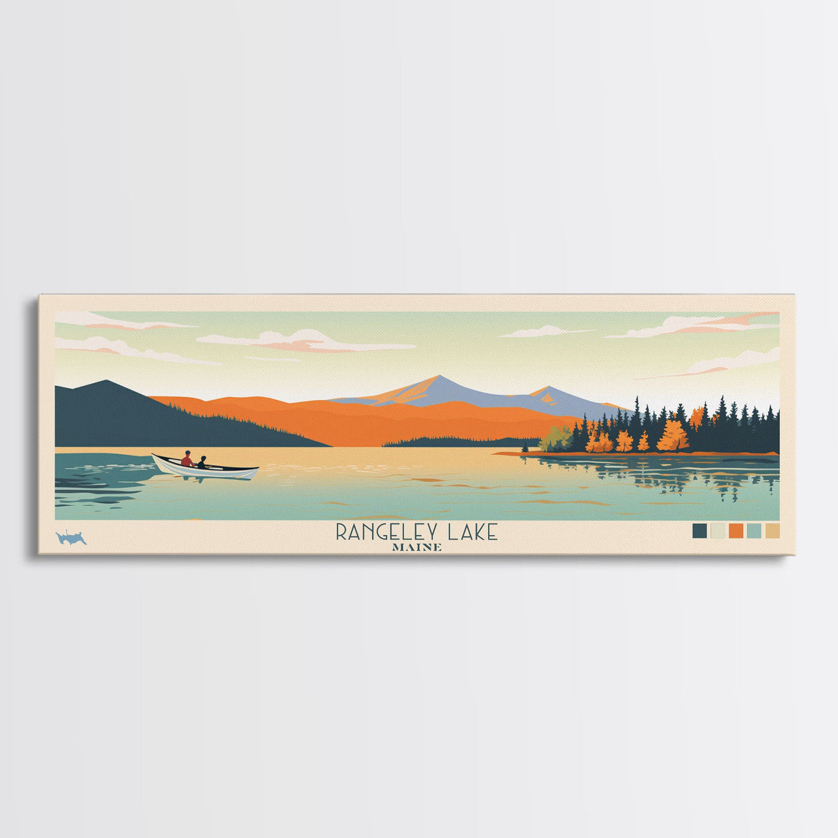 Rangeley Lake, Maine Framed Canvas Print, Bedroom Art, Midcentury Modern, Pop Art, Panoramic Travel Poster, Wall Decor