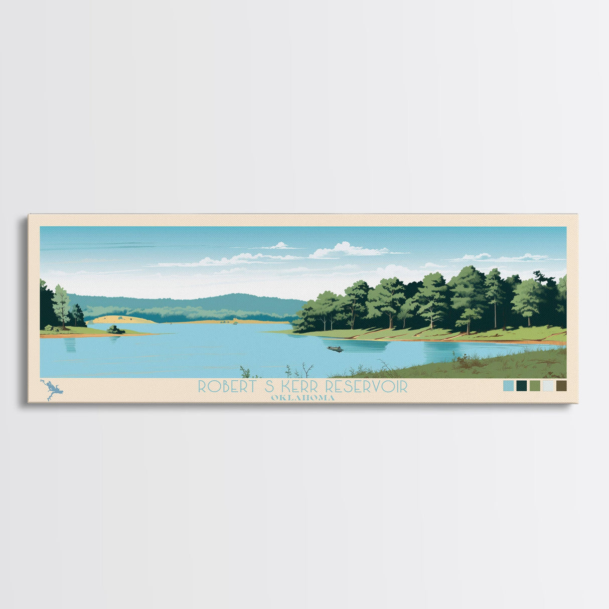 Robert S. Kerr Reservoir, Oklahoma Framed Canvas Print, Panoramic Wall Art, Midcentury Modern Decor, Home Decoration, Pop Art, Travel Poster