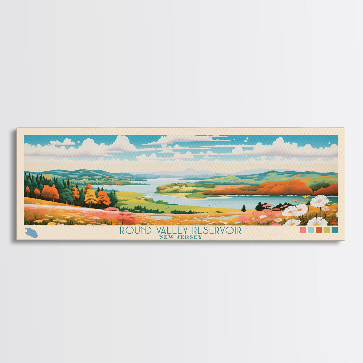 Round Valley Reservoir, New Jersey Framed Canvas Print, Panoramic Travel Poster, Midcentury Modern Art, Home Decor, Pop Art, Wall Decoration