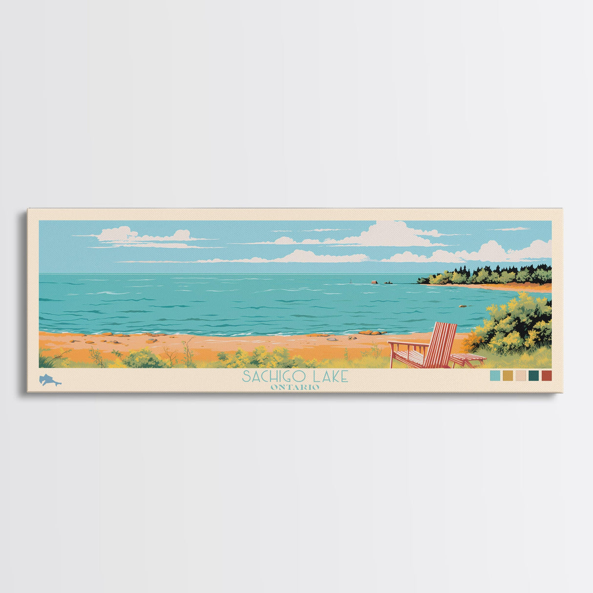 Sachigo Lake, Ontario Framed Canvas Print, Panoramic Wall Art, Midcentury Modern Decor, Living Room Art, Pop Art, Travel Poster