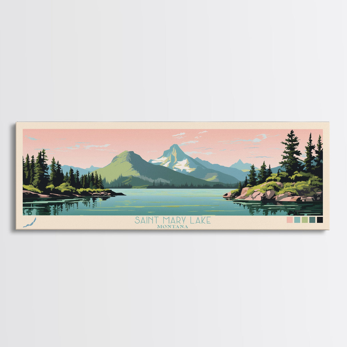 Saint Mary Lake, Montana Framed Canvas Print, Panoramic Travel Poster, Midcentury Modern Art, Bedroom Decor, Pop Art, Wall Art