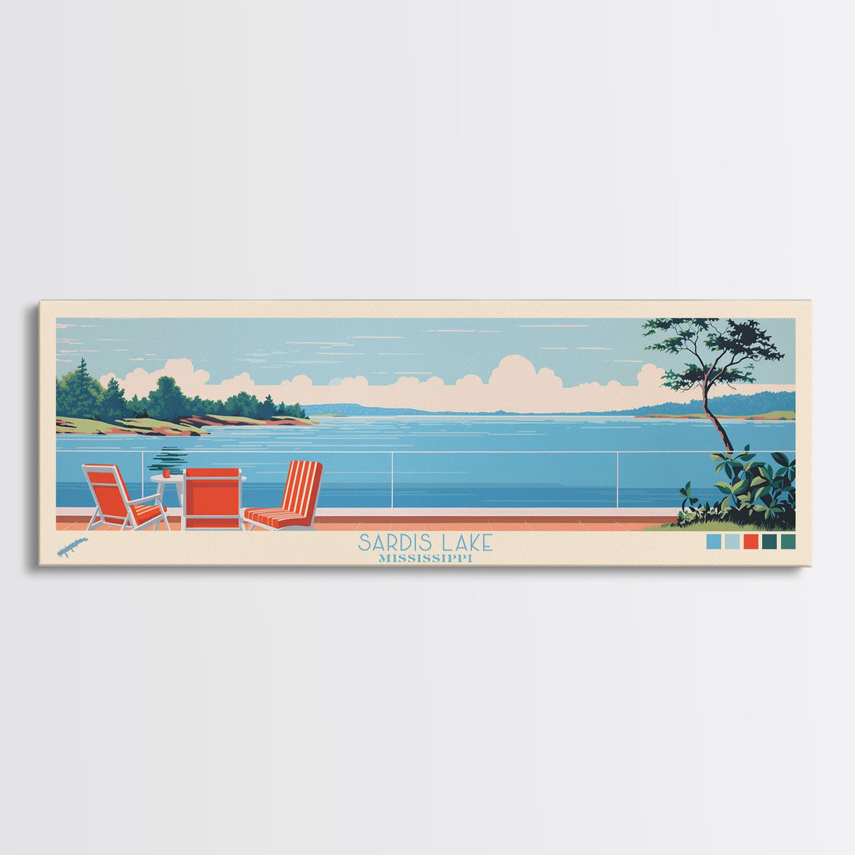 Sardis Lake, Mississippi Framed Canvas Print, Panoramic Wall Art, Midcentury Modern Decor, Bedroom Art, Pop Art, Travel Poster