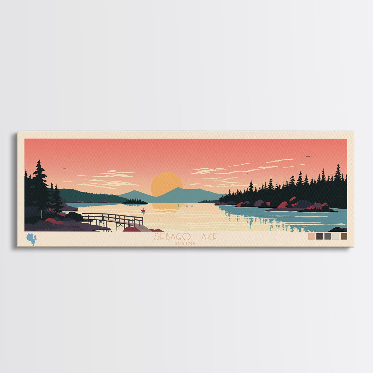 Sebago Lake, Maine Framed Canvas Print, Panoramic Travel Poster, Midcentury Modern Art, Home Decoration, Pop Art, Wall Art