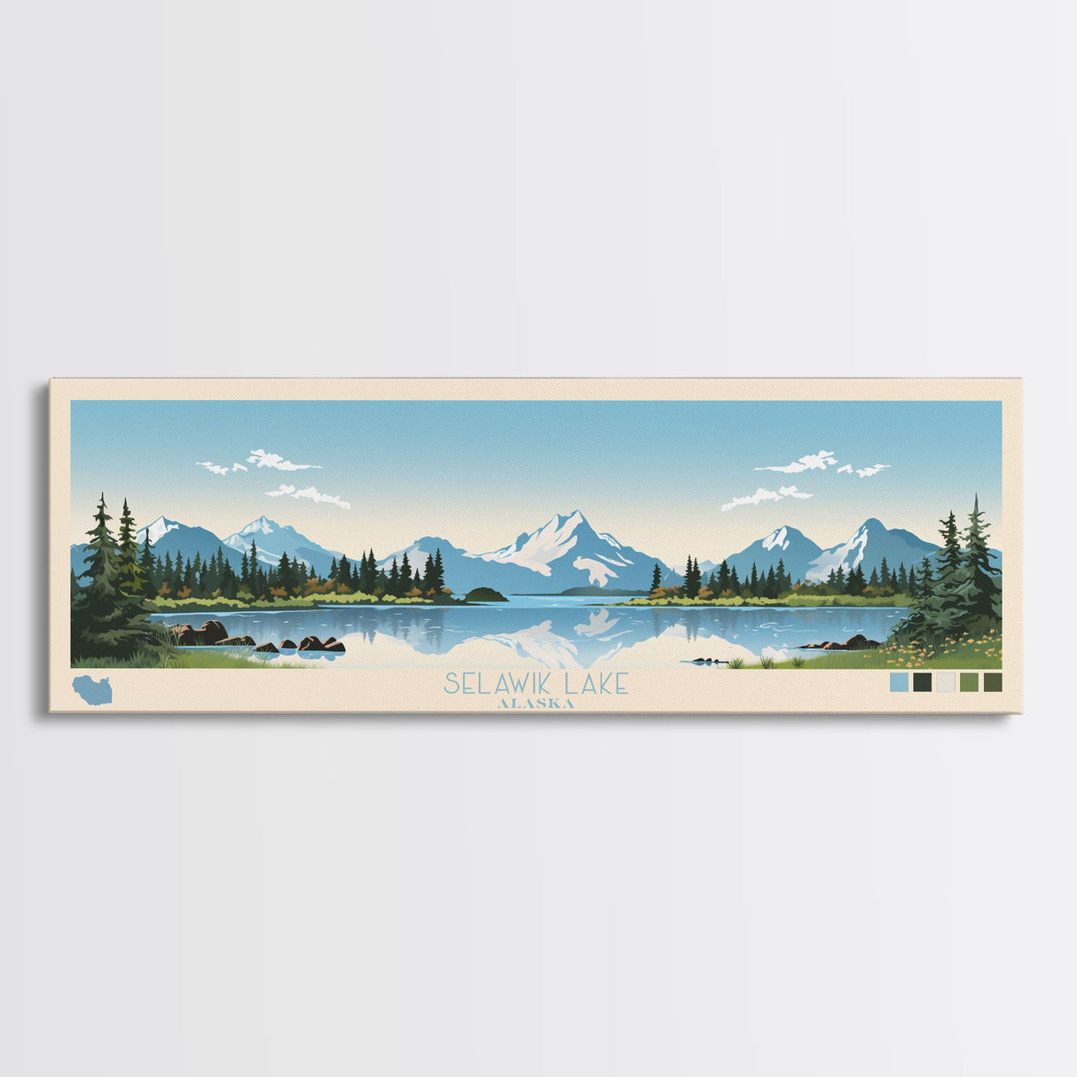 Selawik Lake, Alaska Framed Canvas Print, Panoramic Wall Art, Midcentury Modern Decor, Pop Art, Travel Poster, Home Decoration