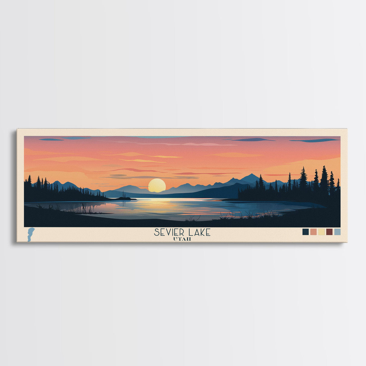 Sevier Lake, Utah Framed Canvas Print, Panoramic Travel Poster, Midcentury Modern Art, Home Decor, Pop Art, Wall Decoration