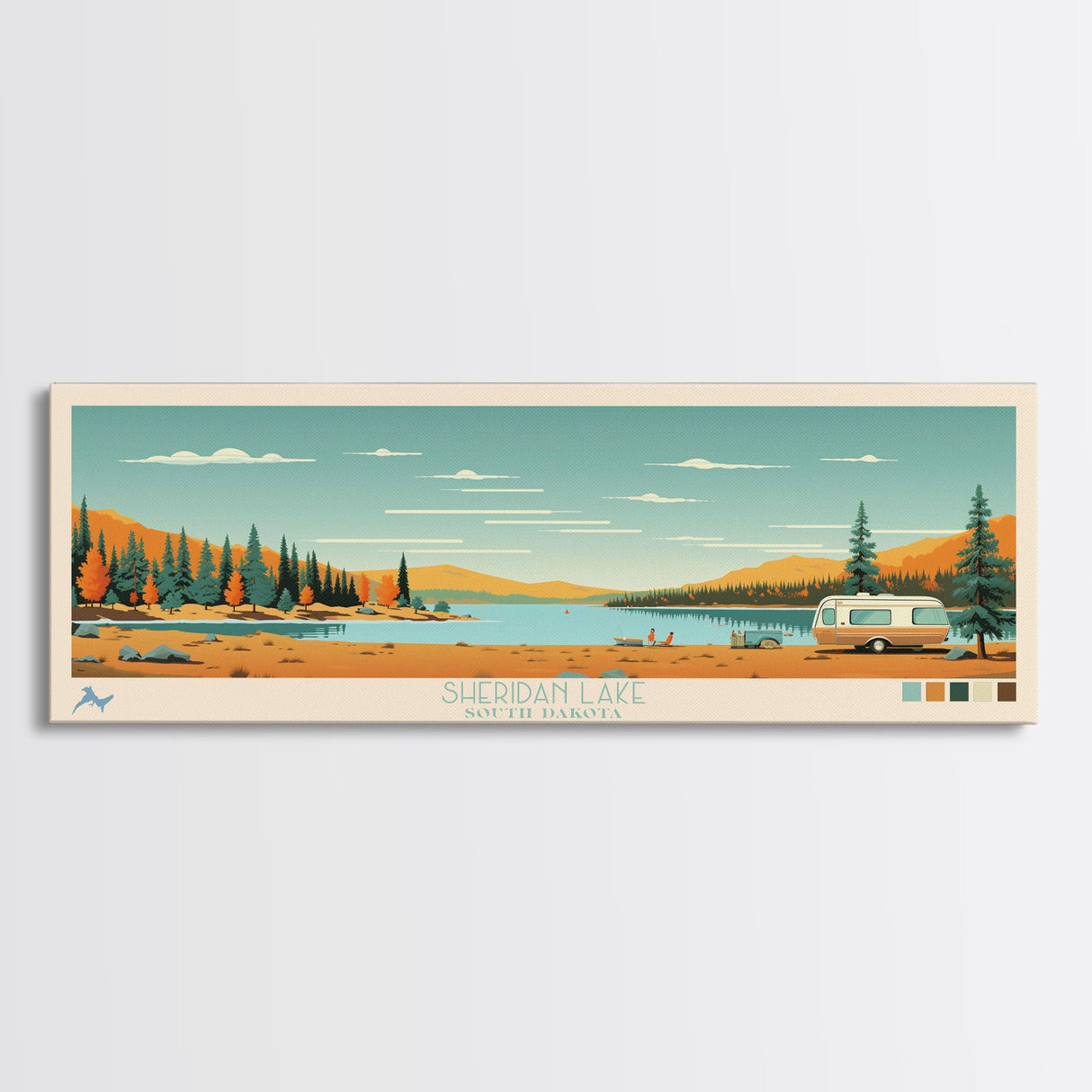 Sheridan Lake, South Dakota Framed Canvas Print, Panoramic Wall Art, Midcentury Modern Decor, Pop Art, Travel Poster, Living Room Decoration