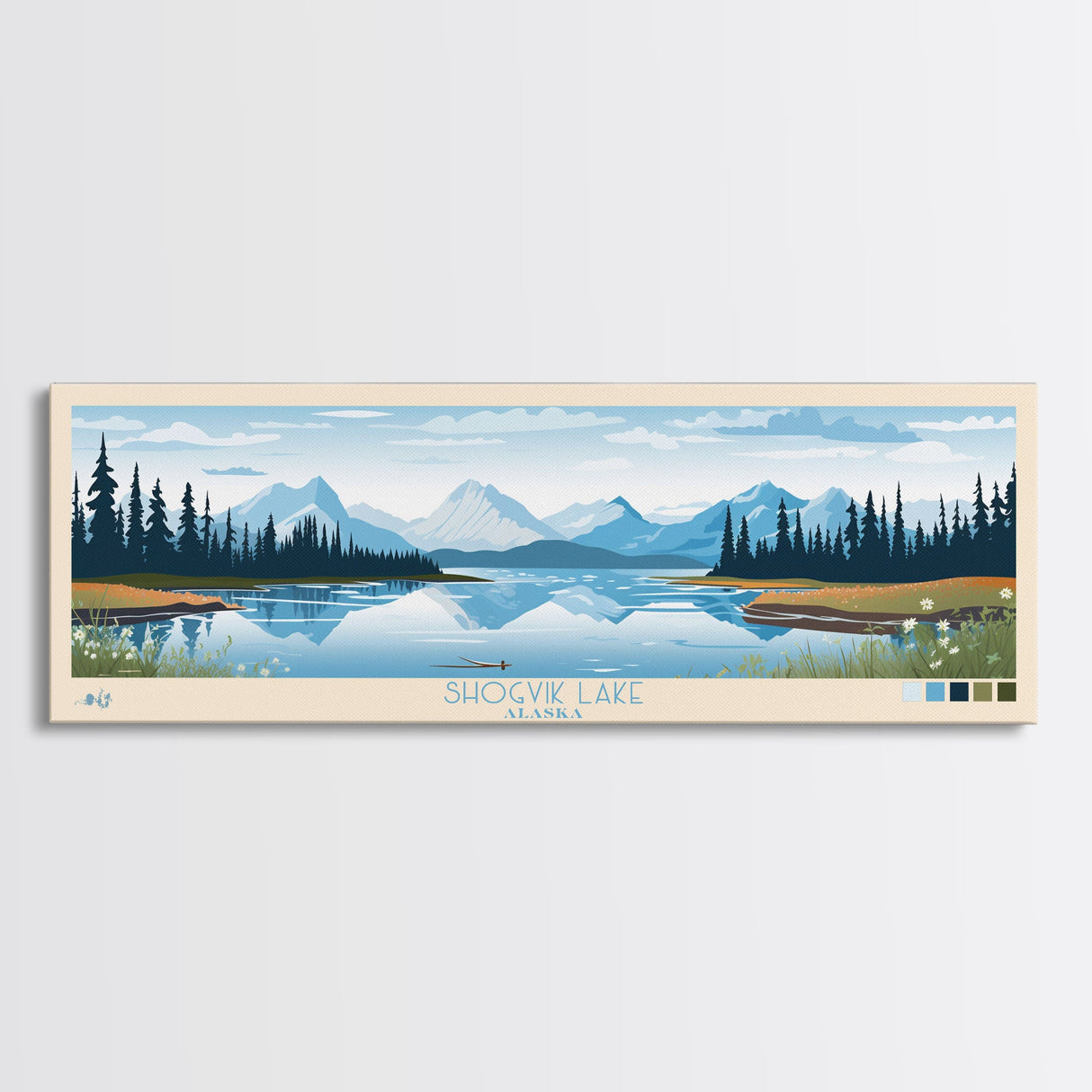 Shogvik Lake, Alaska Framed Canvas Print, Panoramic Travel Poster, Midcentury Modern Art, Home Decor, Pop Art, Wall Art