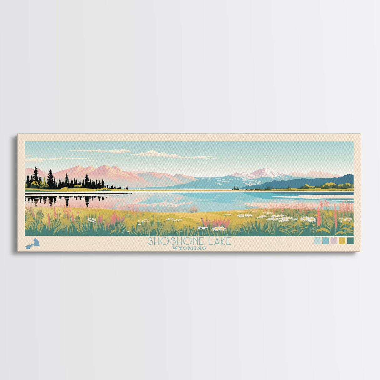 Shoshone Lake, Wyoming Framed Canvas Print, Panoramic Wall Art, Midcentury Modern Decor, Pop Art, Bedroom Decoration, Travel Poster