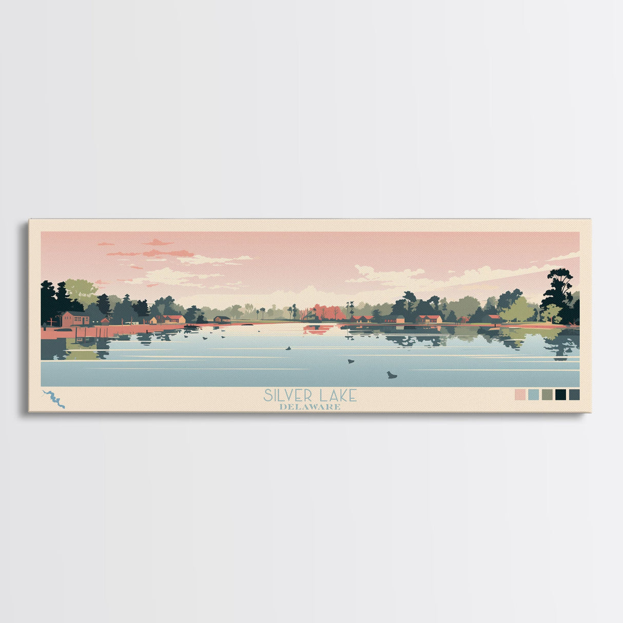 Silver Lake, Delaware Framed Canvas Print, Panoramic Wall Art, Midcentury Modern Decor, Pop Art, Travel Poster, Home Decoration