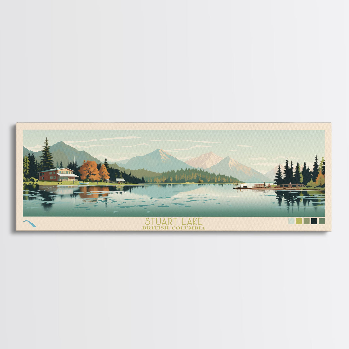 Stuart Lake, British Columbia Framed Canvas Print, Lake House Decor, Midcentury Modern Art, Pop Art, Travel Poster, Bedroom Wall Art