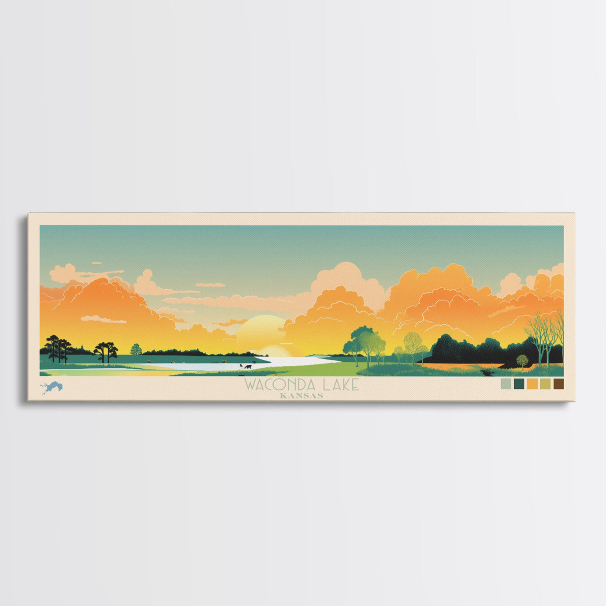 Waconda Lake, Kansas Framed Canvas Print, Panoramic Lake House Decor, Midcentury Modern Art, Pop Art, Travel Poster, Bedroom Wall Art