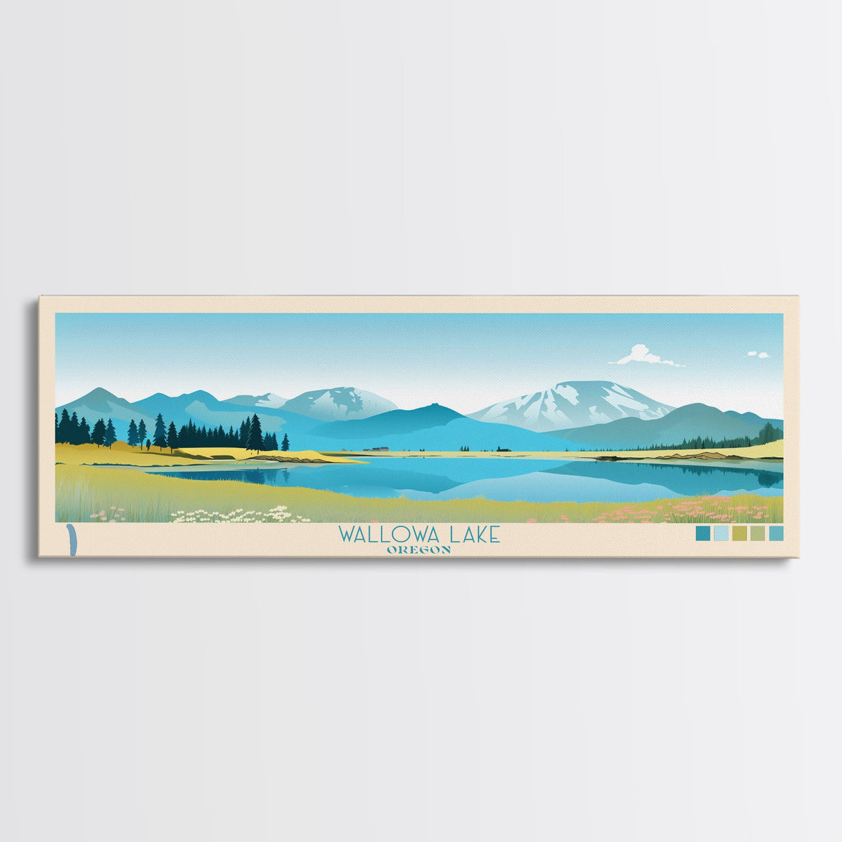 Wallowa Lake, Oregon Framed Canvas Print, Panoramic Lake House Art, Midcentury Modern Decor, Pop Art, Travel Poster, Living Room Wall Art