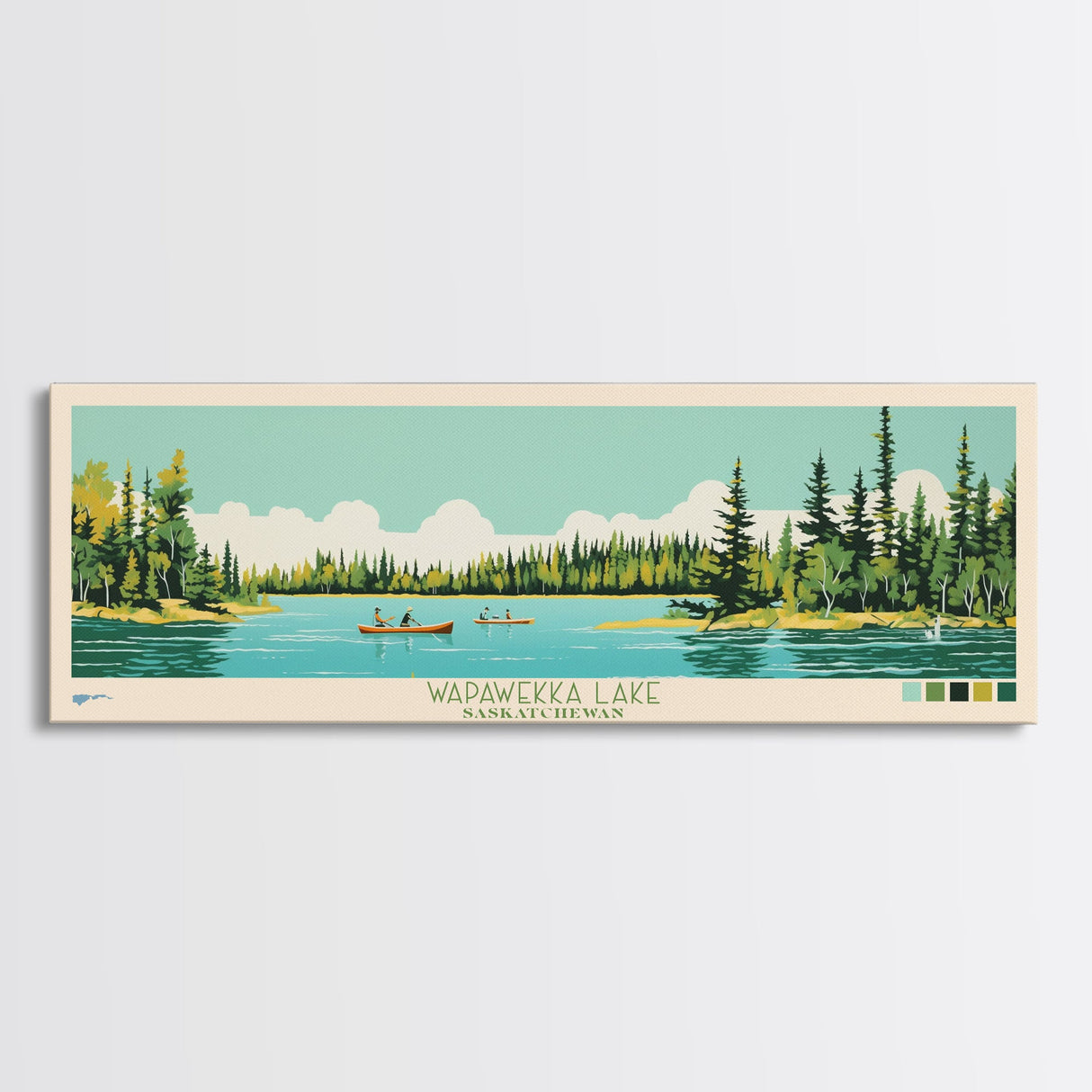 Wapawekka Lake, Saskatchewan Framed Canvas Print, Panoramic Lake House Decor, Midcentury Modern Art, Pop Art, Travel Poster, Bedroom Wall Art