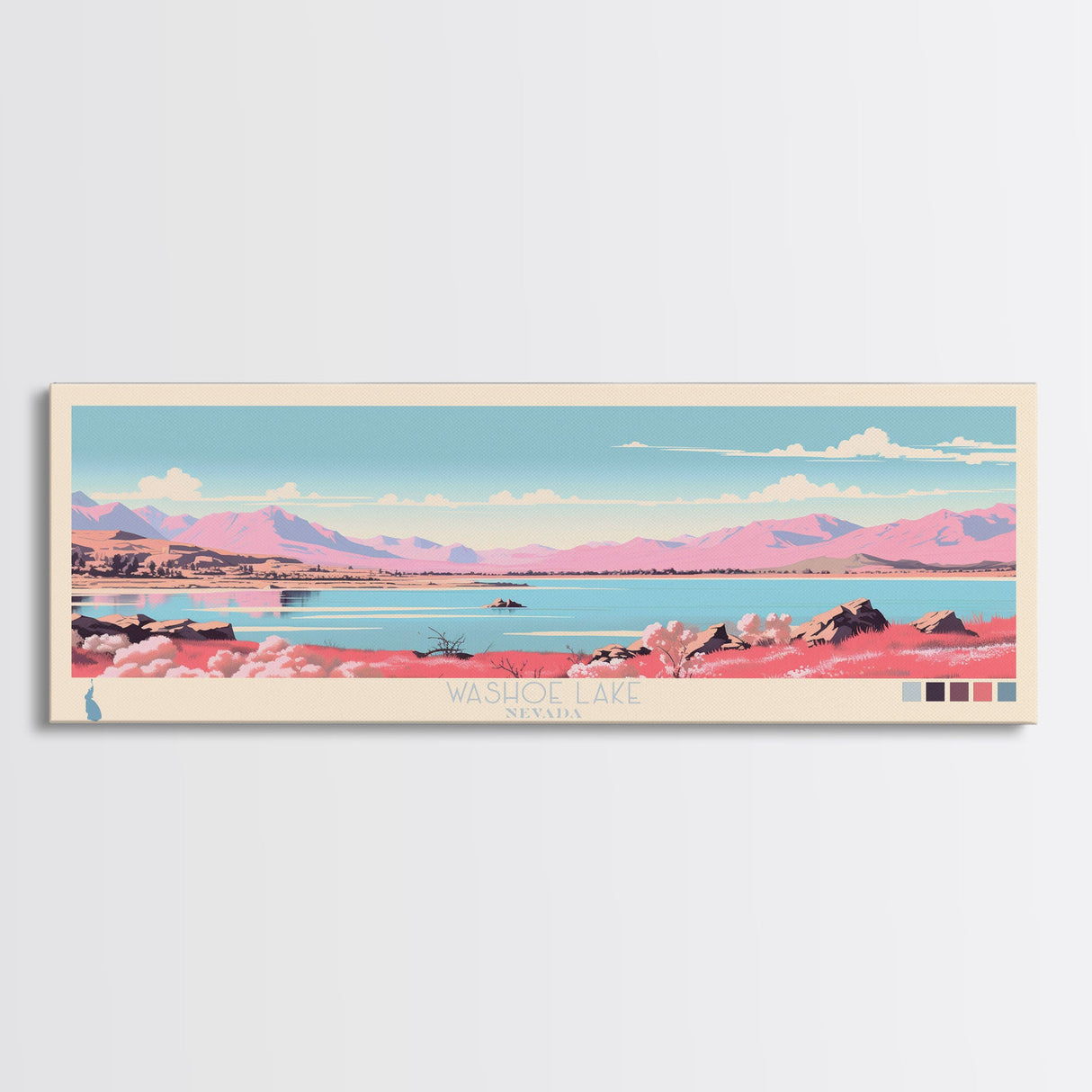 Washoe Lake, Nevada Framed Canvas Print, Panoramic Lake House Decor, Midcentury Modern Art, Pop Art, Travel Poster, Bedroom Wall Art