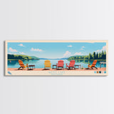 Wazee Lake, Wisconsin Framed Canvas Print, Panoramic Lake House Art, Midcentury Modern Decor, Pop Art, Travel Poster, Living Room Wall Art