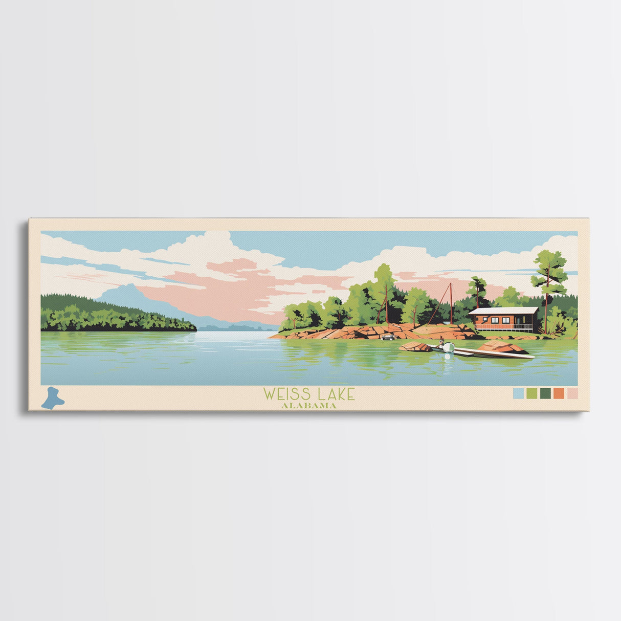 Weiss Lake, Alabama Framed Canvas Print, Lake House Decor, Panoramic Art, Midcentury Modern, Pop Art, Travel Poster, Living Room Wall Art