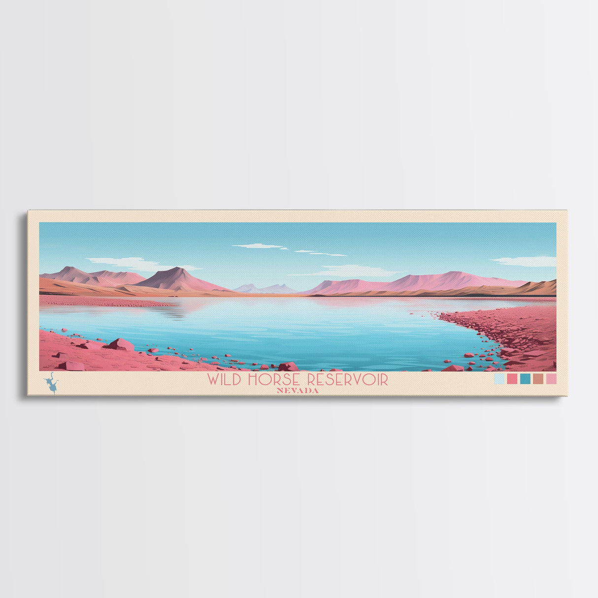 Wild Horse Reservoir, Nevada Panoramic Framed Canvas Print, Lake House Art, Midcentury Modern Decor, Pop Art, Travel Poster, Bedroom Wall Art