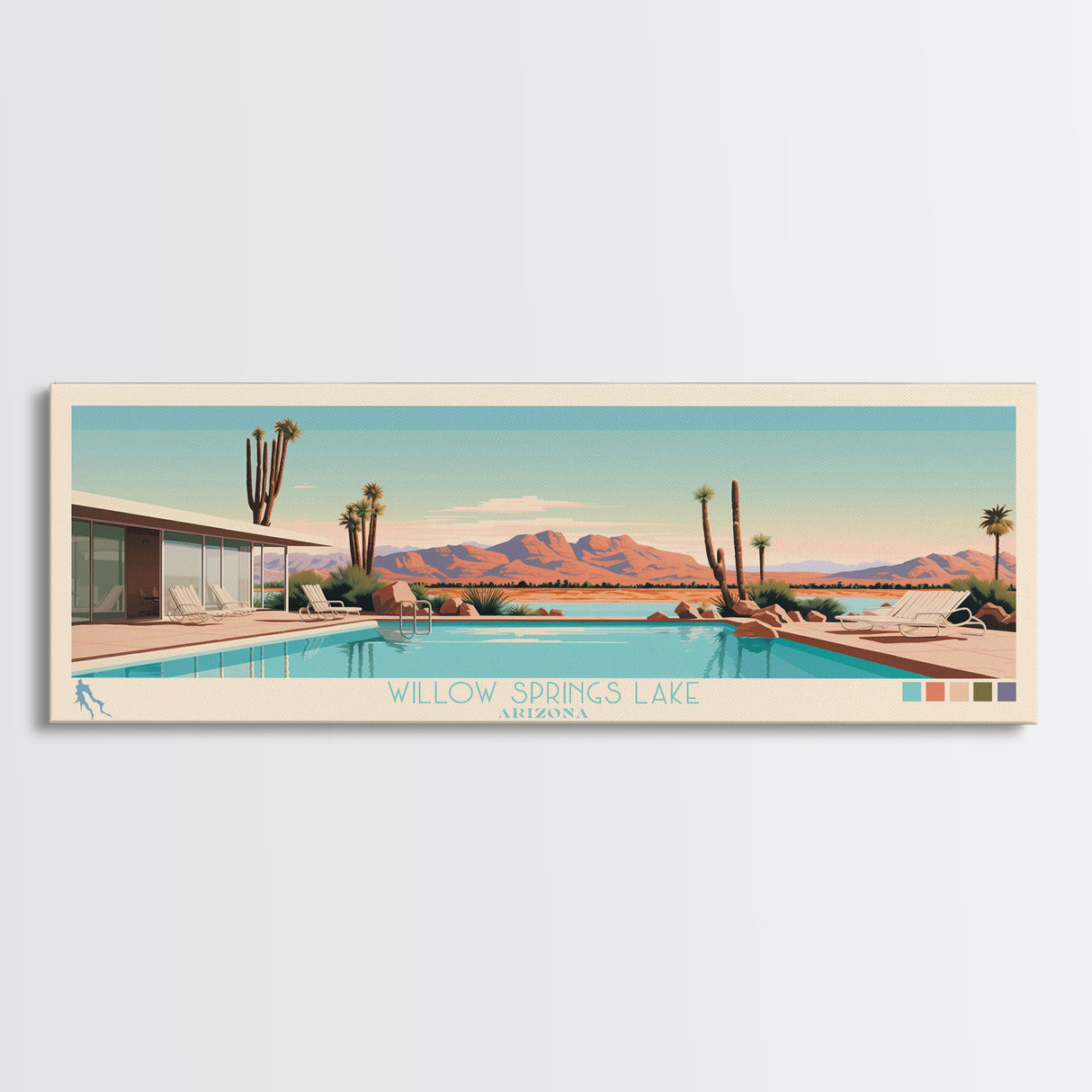 Willow Springs Lake, Arizona Panoramic Framed Canvas Print, Lake House Art, Midcentury Modern Decor, Pop Art, Travel Poster, Bedroom Wall Art