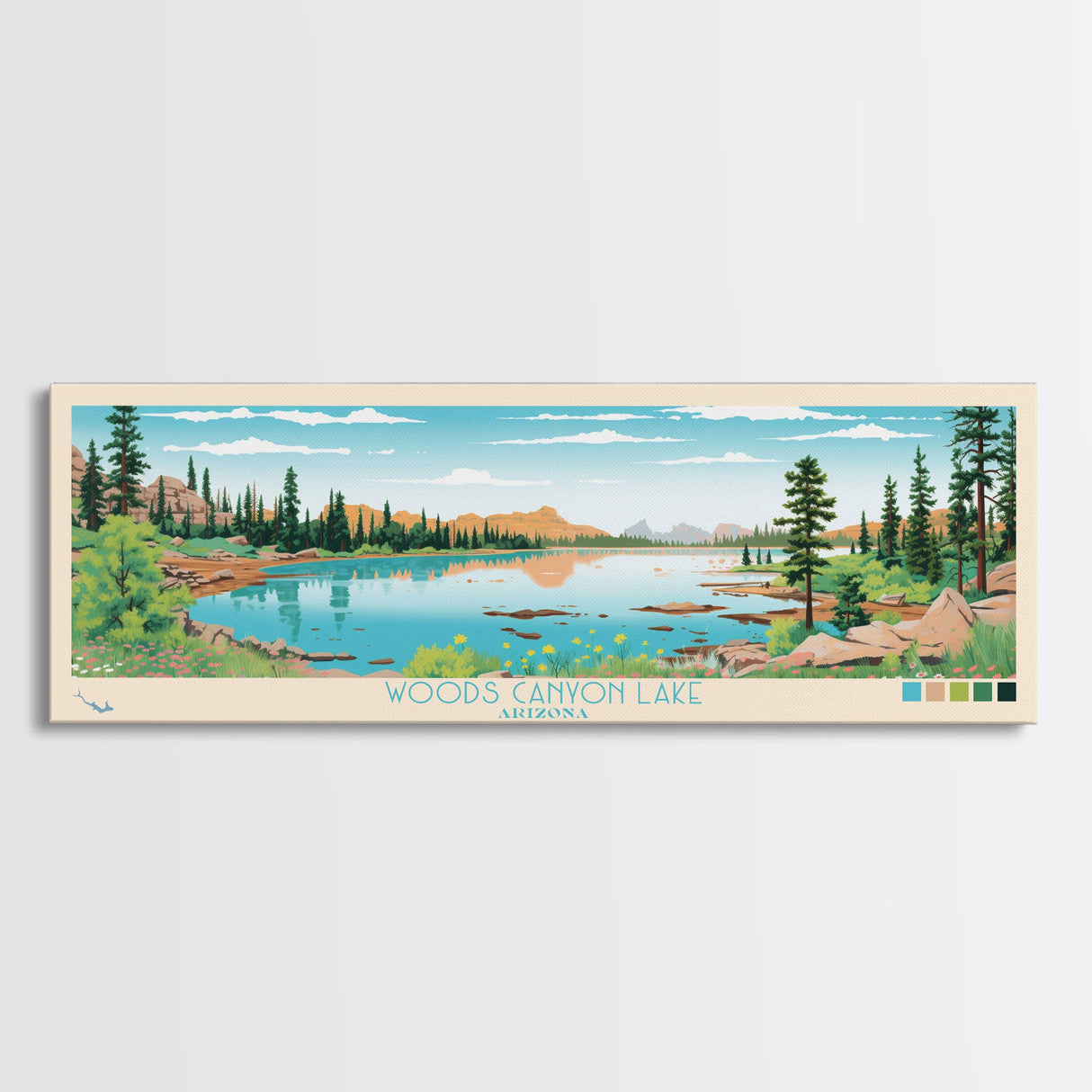 Woods Canyon Lake, Arizona Panoramic Framed Canvas Print, Lake House Art, Midcentury Modern Decor, Pop Art, Travel Poster