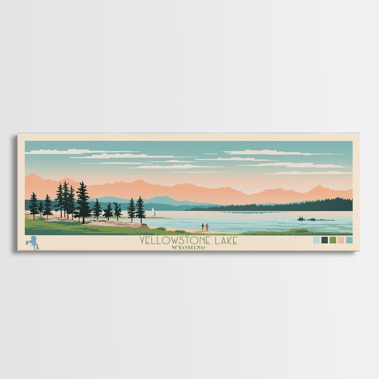 Yellowstone Lake, Wyoming Panoramic Framed Canvas Print, Lake House Art, Midcentury Modern Decor, Pop Art, Travel Poster