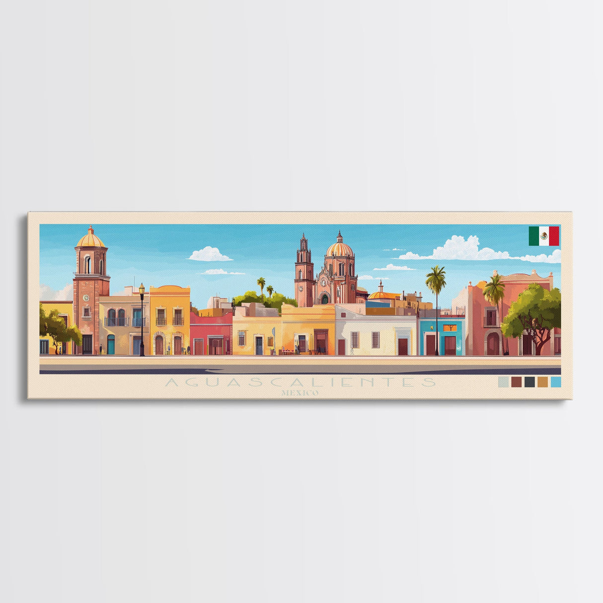 Aguascalientes, Mexico Panoramic Travel Poster Canvas Print, Aguascalientes, Mexico Painting, Mexico Art, Aguascalientes Travel Art, Guest Room Painting