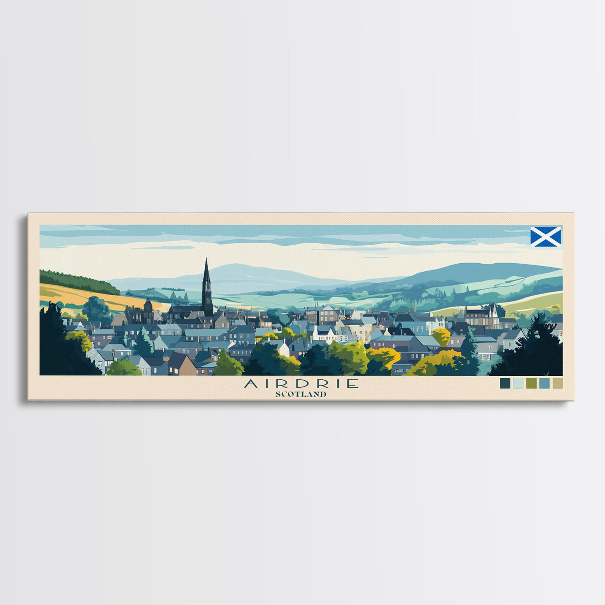 Airdrie, Scotland Travel Poster Panoramic Canvas Print, Airdrie, Scotland Painting, Scotland Art, Airdrie Travel Art, Guest Room Painting