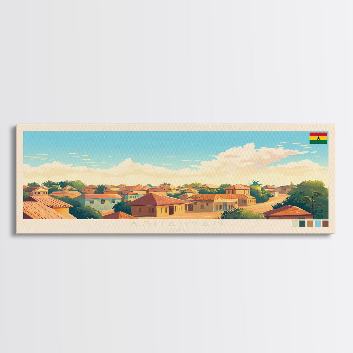 Panoramic Travel Poster Ashaiman, Ghana Canvas Print, Ashaiman, Ghana Painting, Ghana Art, Ashaiman Travel Art, Guest Room Painting