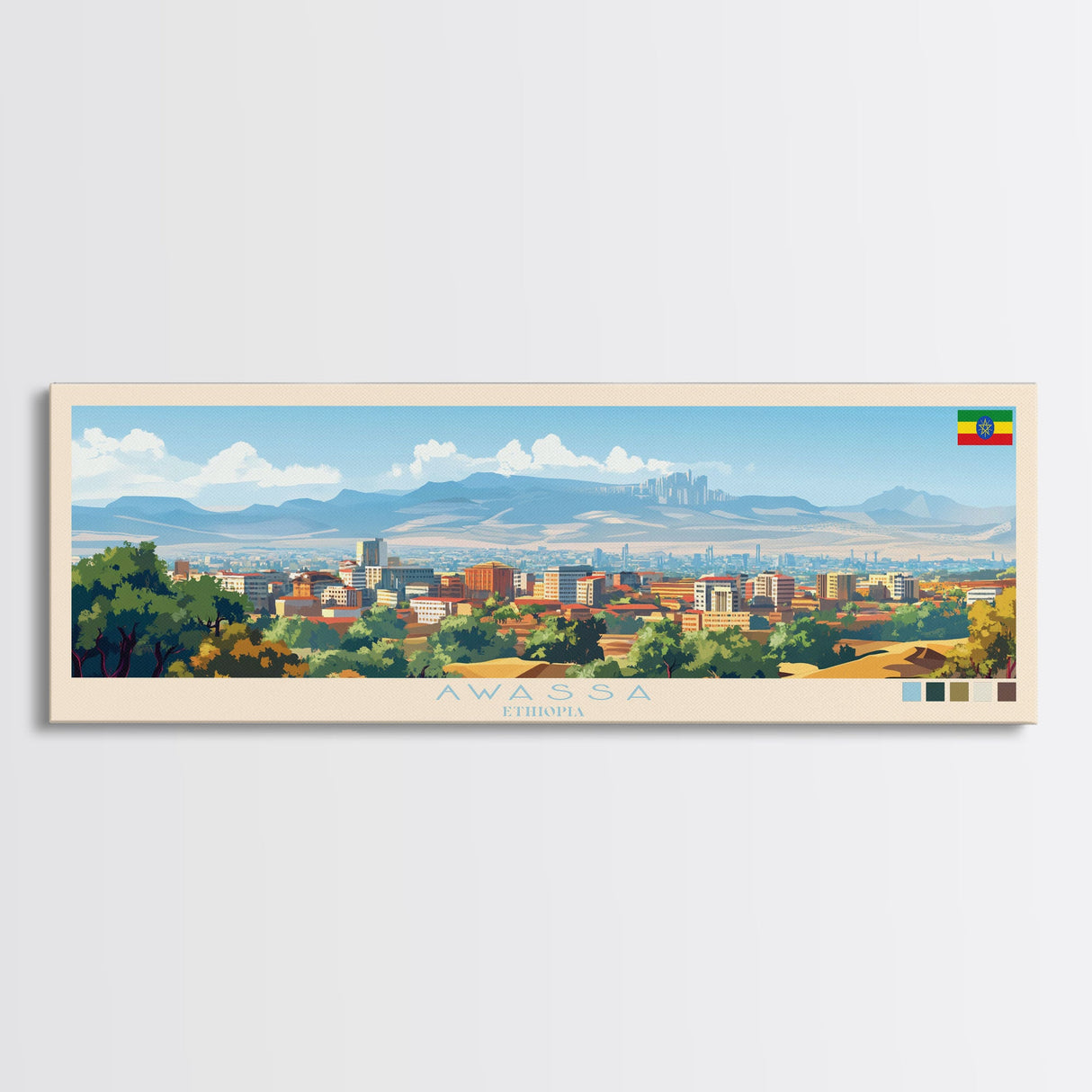 Panoramic Travel Poster Awassa, Ethiopia Canvas Print, Awassa, Ethiopia Painting, Ethiopia Art, Awassa Travel Art, Guest Room Painting