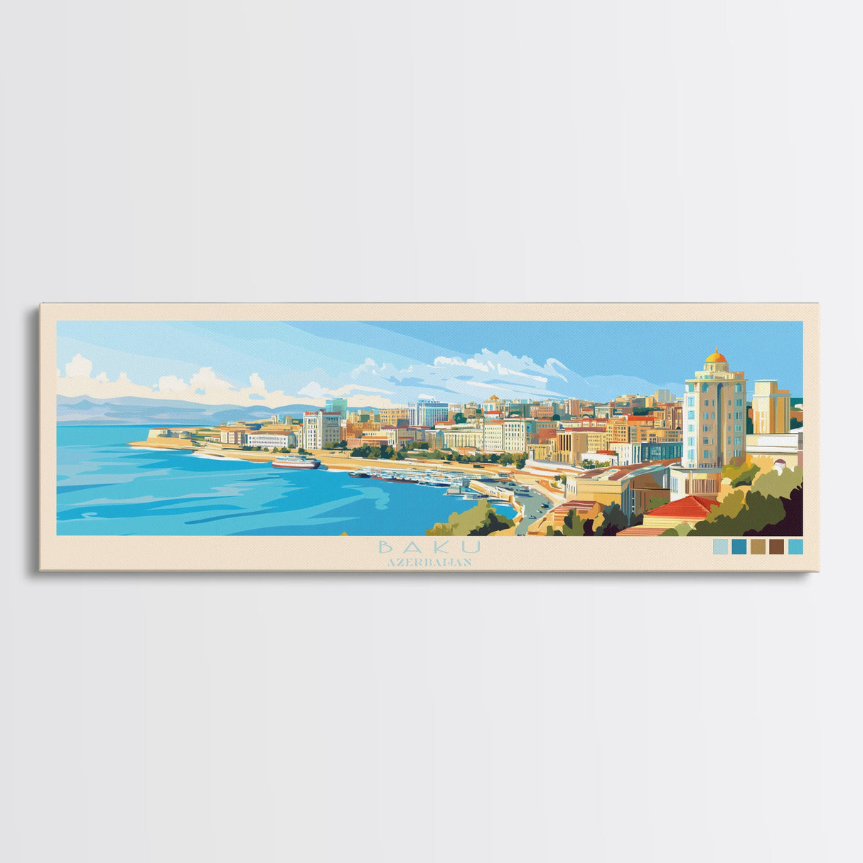 Baku, Azerbaijan Panoramic Travel Poster Canvas Print, Baku, Azerbaijan Painting, Azerbaijan Art, Baku Travel Art, Guest Room Painting