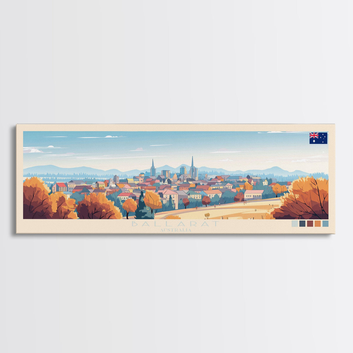 Ballarat, Australia Panoramic Travel Poster Canvas Print, Ballarat, Australia Painting, Australia Art, Ballarat Travel Art, Living Room Painting