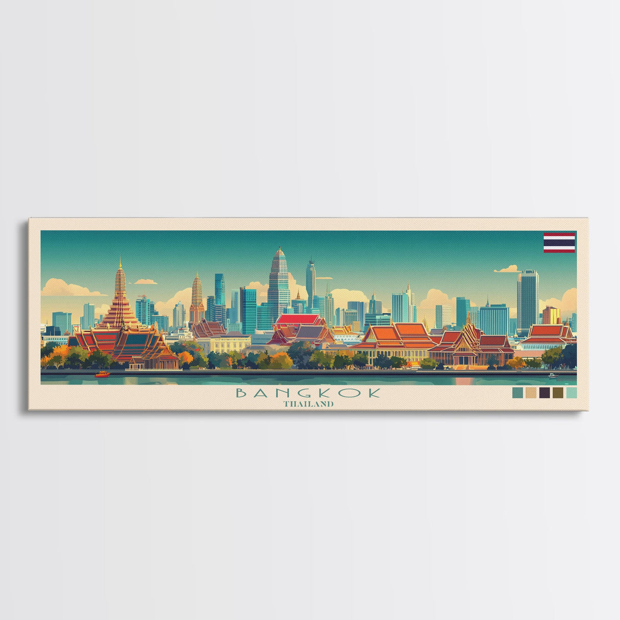 Bangkok, Thailand Travel Poster Panoramic Canvas Print, Bangkok, Thailand Painting, Thailand Art, Bangkok Travel Art, Guest Room Painting